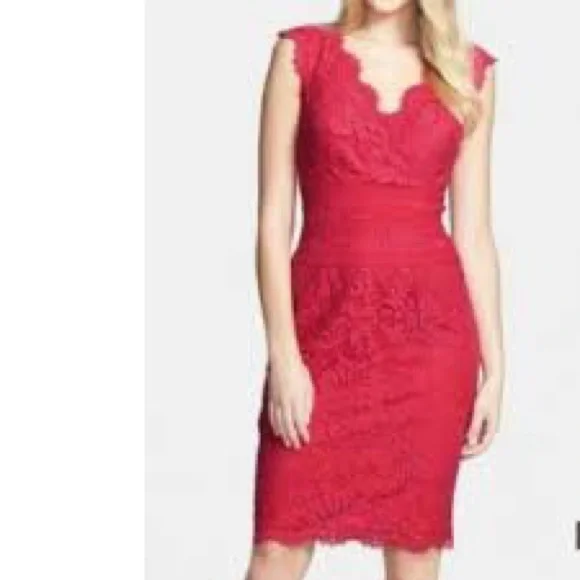 Tadashi Shoji | Dresses | Tadashi Shoji Vibrant Pink Vneck Embroidered Lace  Cocktail Midi Dress Size 2 P | Poshmark